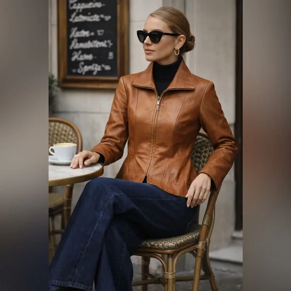 Jones New York Cognac Leather Jacket M Fitted Y2K Zip Tailored Caramel Blazer - Picture 1 of 14